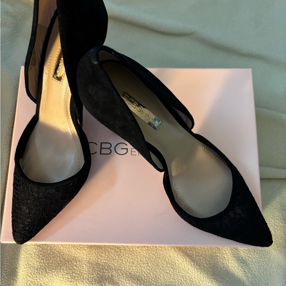 BCBG Black Pointed Toe Lace & Suede Heels